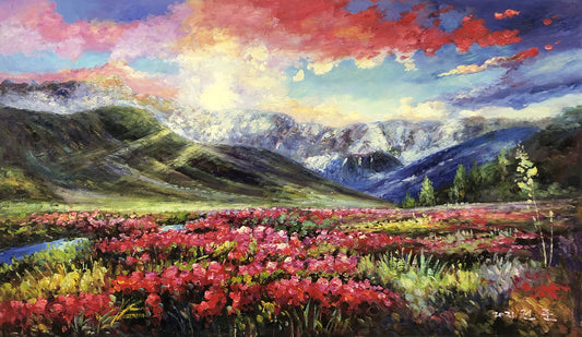 Original Oil Painting – Alpine Flower Sea at Sunset | Hand-Painted Impressionist Landscape Art by Tian Jun G2234