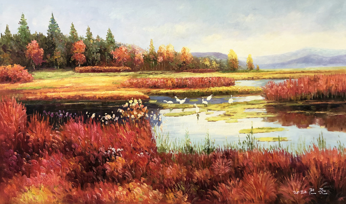 Original Oil Painting – Riverside Wetland | Hand‑Painted Impressionist Autumn Landscape Art by Tian Jun G2235