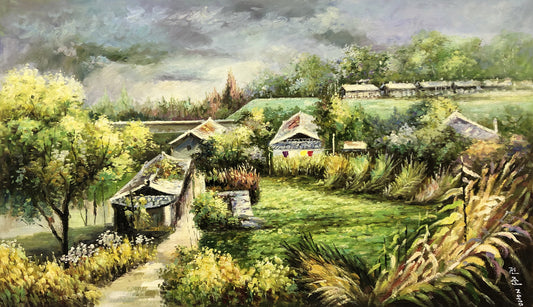 Original Oil Painting – Thatched Cottage Village by the River | Hand-Painted Impressionist Rural Landscape Art by Tian Jun G2237