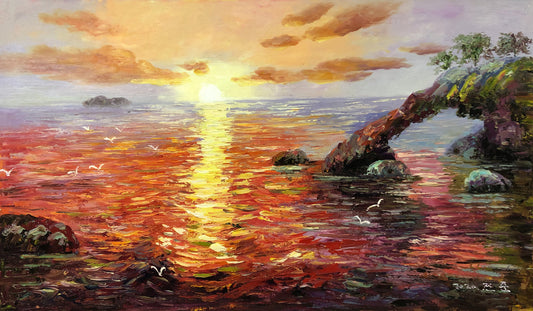 Original Oil Painting – Sunrise Over the Sea | Hand-Painted Coastal Landscape Art by Tian Jun G2239