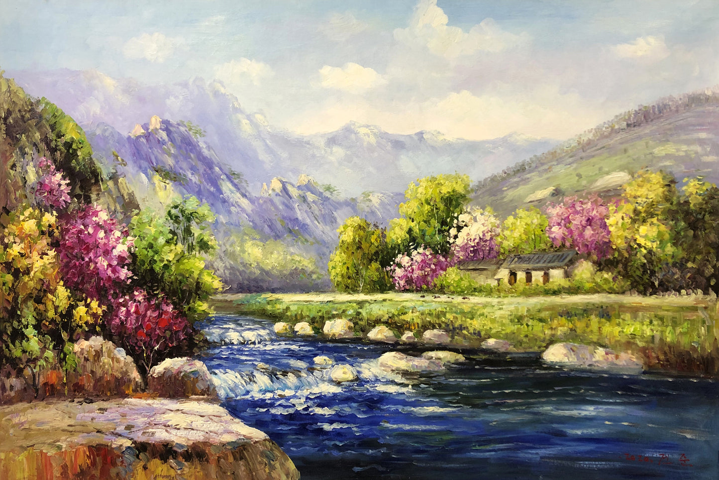 Original Oil Painting – Riverside Cottage in Spring | Hand-Painted Landscape Art by Tian Jun G2246
