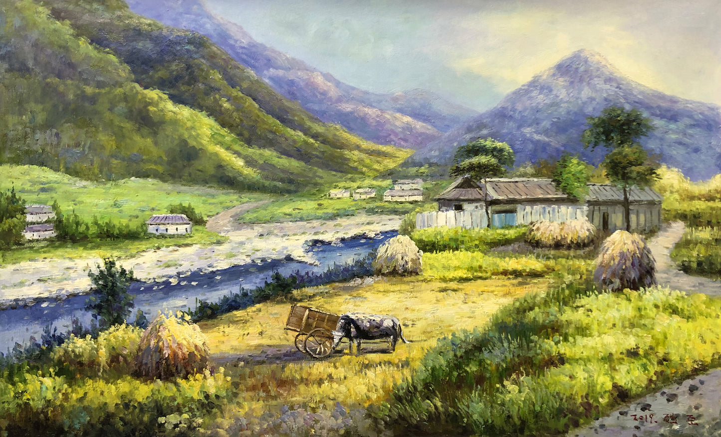 Original Oil Painting – Mountain Village by the River | Hand-Painted Impressionist Rural Landscape Art by Tian Jun G2249