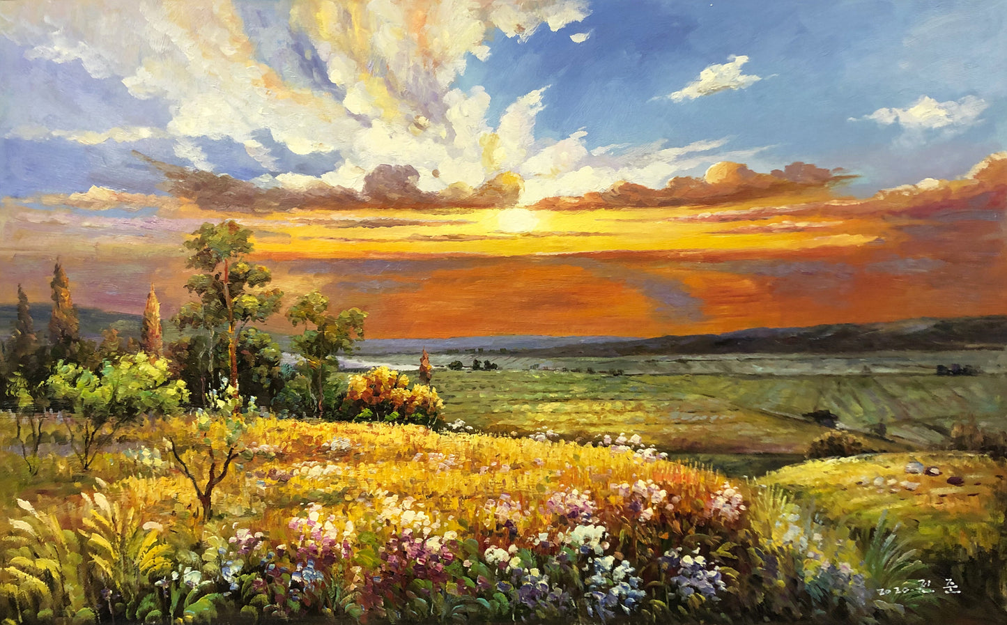 Original Oil Painting – Sunset Prairie | Hand‑Painted Impressionist Landscape Art by Tian Jun G2252