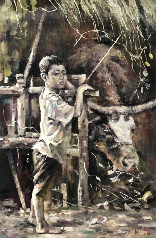 Original Oil Painting – Boy with Cow | Hand-Painted Realistic Genre Scene Figurative Art by Choi Tae Yong G2253
