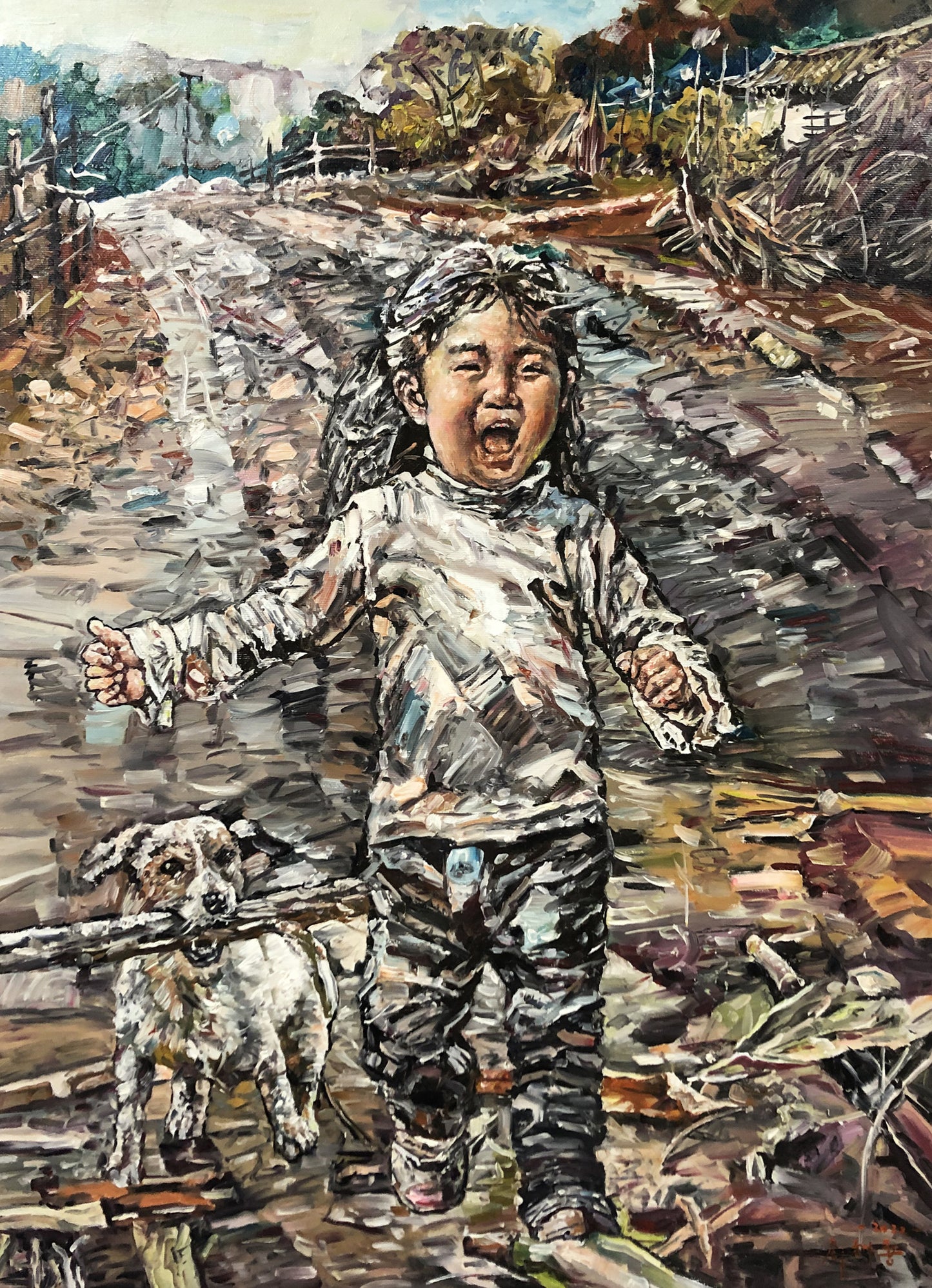 Original Oil Painting – Joyful Girl with Dog | Hand-Painted Figurative Art by Choi Tae Ryong G2258