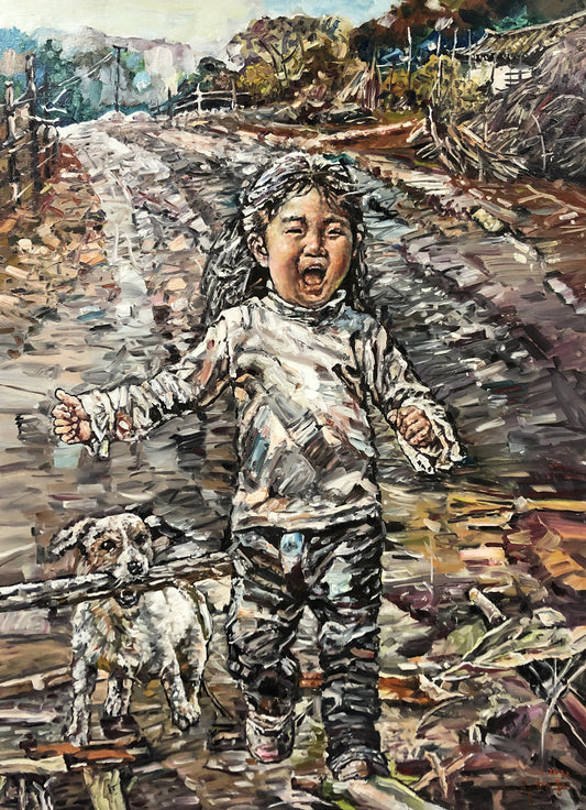 Original Oil Painting – Joyful Girl with Dog | Hand-Painted Figurative Art by Choi Tae Ryong G2258