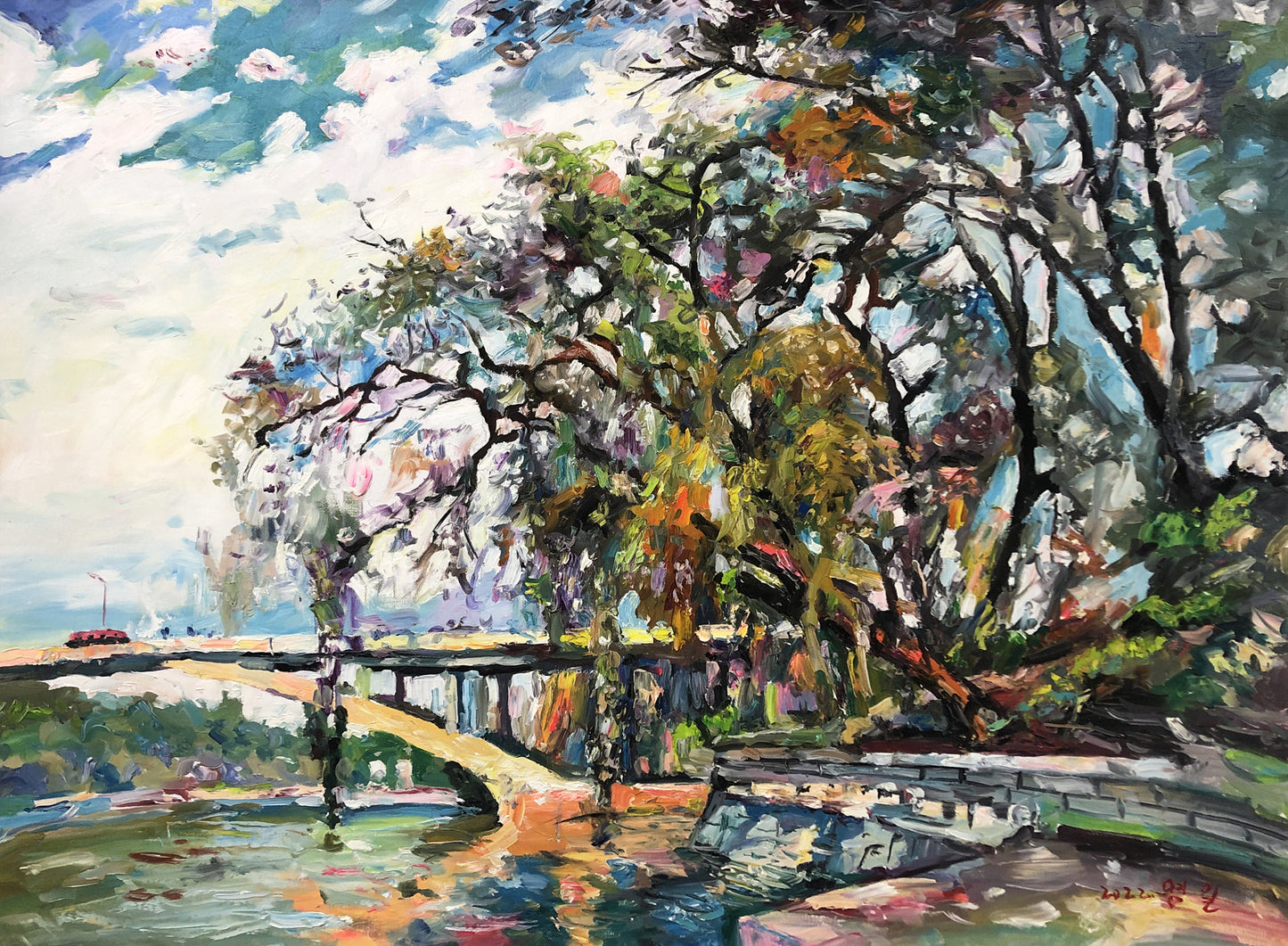 Original Oil Painting – Jacaranda Bridge at Dusk | Hand-Painted Impressionist Urban Landscape Art by Myeong Il G2262