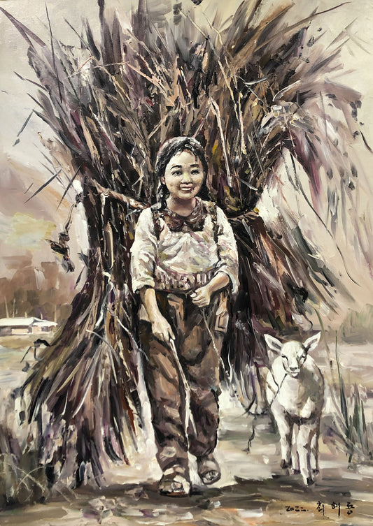 Original Oil Painting – Shepherd Girl | Hand-Painted Realistic Rural Figurative Art by Choi Tae Yong G2270
