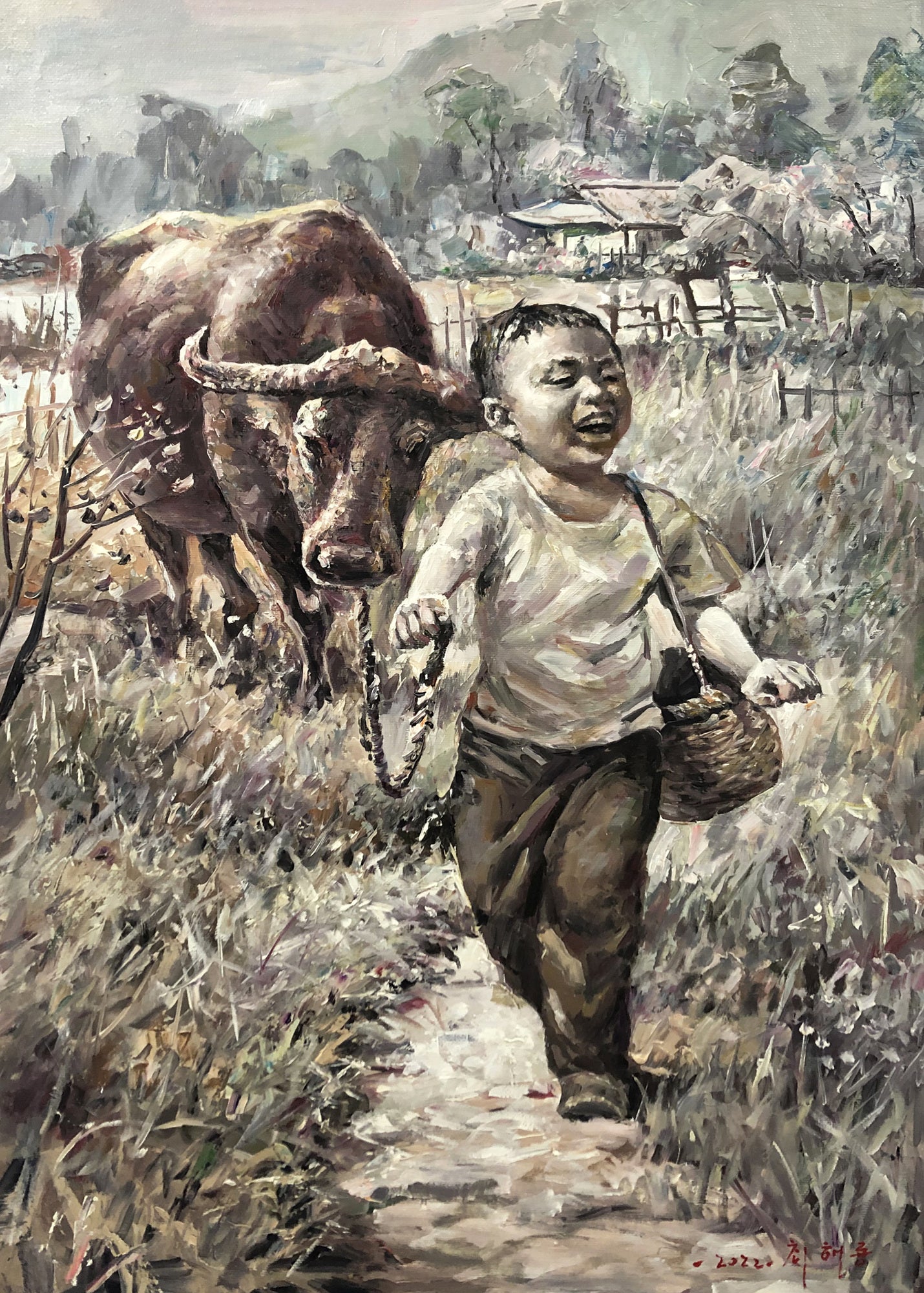Original Oil Painting – Herding the Buffalo | Hand‑Painted Impressionist Rural Figurative Art by Choi Tae Yong G2271