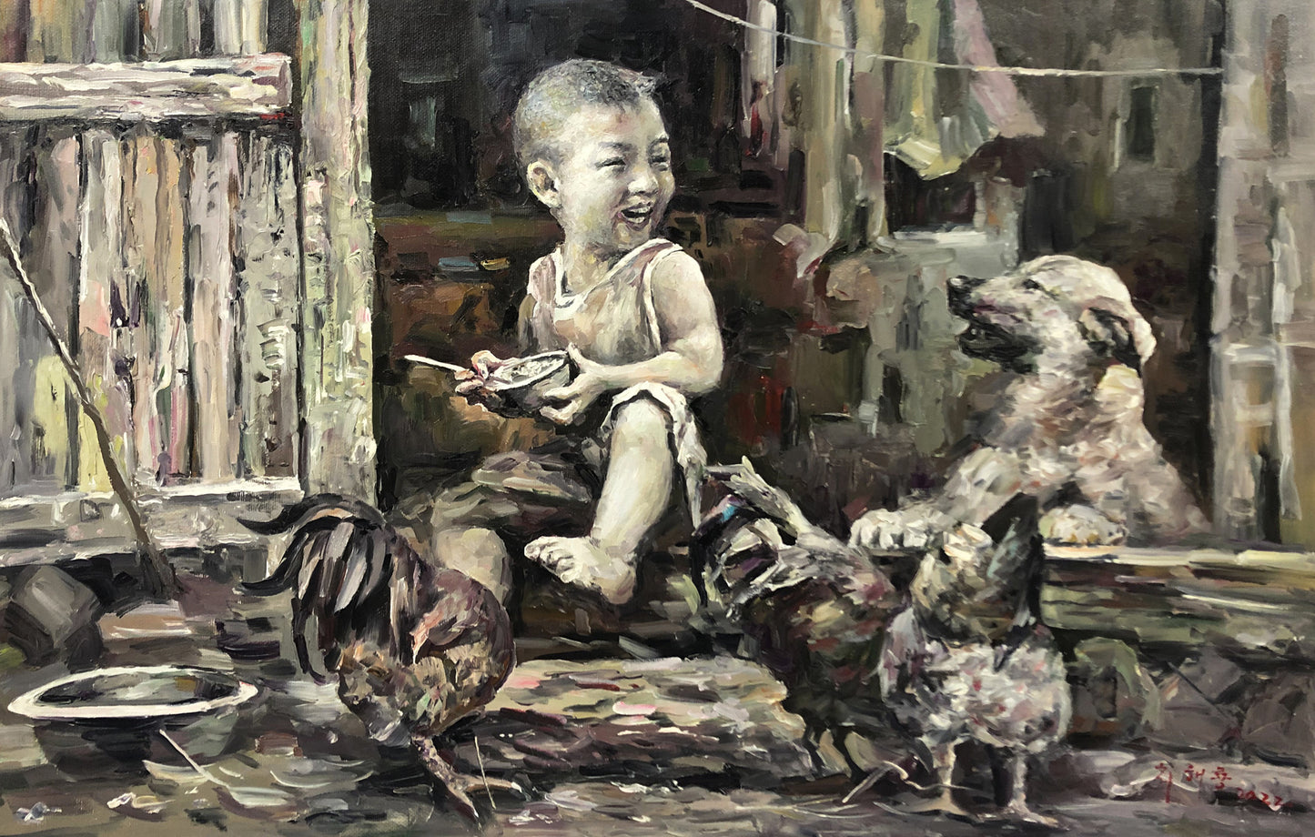 Original Oil Painting – Eating Boy | Hand‑Painted Realistic Rural Figurative Art by Choi Tae Yong G2272