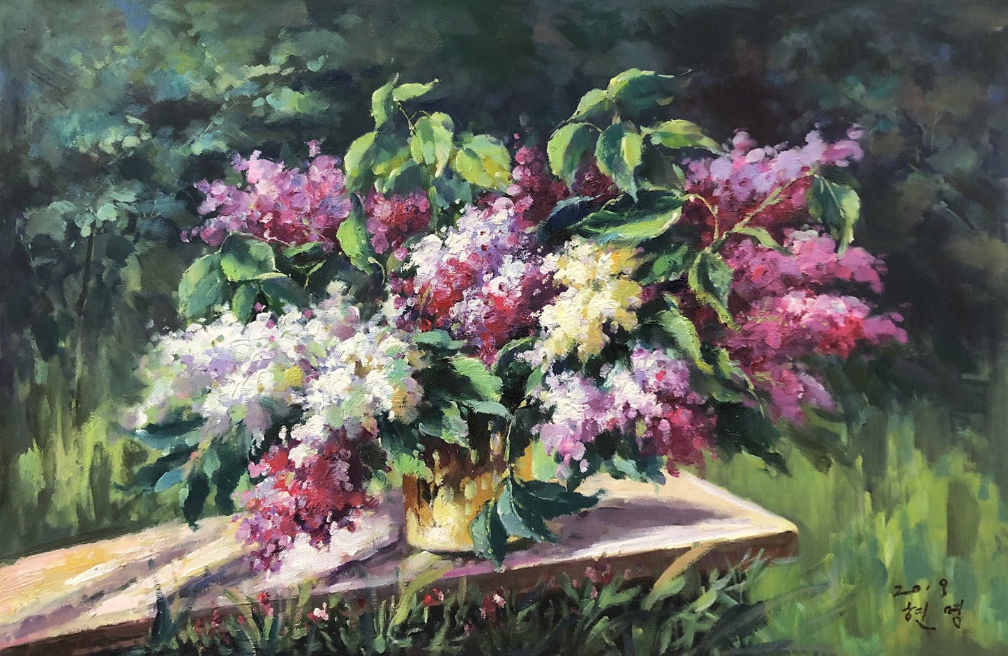 Original Impressionist Oil Painting "Lilacs in the Sunlit Vase" by Kim Hyun Myung (First-Class Artist) | 89x62cm Masterpiece Floral Still Life Canvas G2276