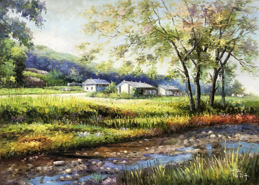 Original Landscape Oil Painting "The Riverside Village" by Kim Nam Su (Grade 1 Artist) | 100x72cm Large Scale Realist Masterpiece G2281
