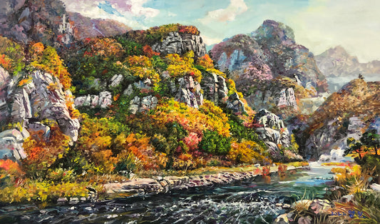 "The Golden Splendor of Autumn" - Grand Original Panoramic Mountain Landscape Oil Painting by First-Class Artist Ming Ri | 117x70cm Hand-Painted Fine Art Masterpiece Canvas G2290