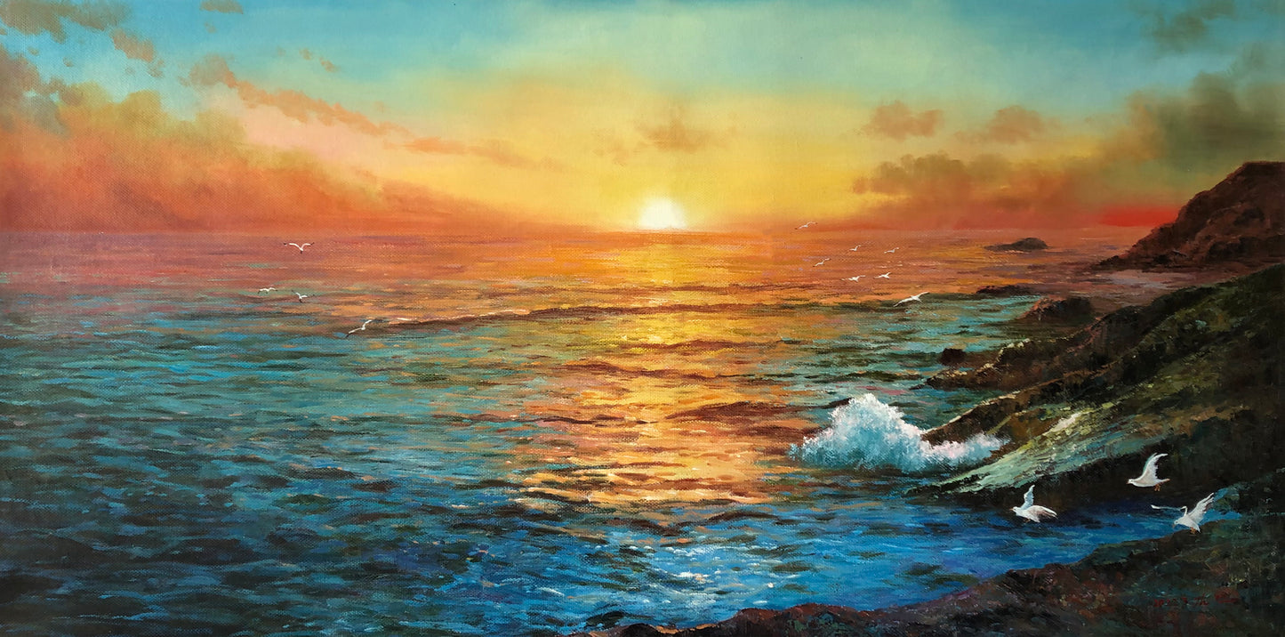Original Oil Painting "Sunrise by the Sea" by Honored Artist Kim Hyun – Collectible Hand-Painted Seascape Art G2498