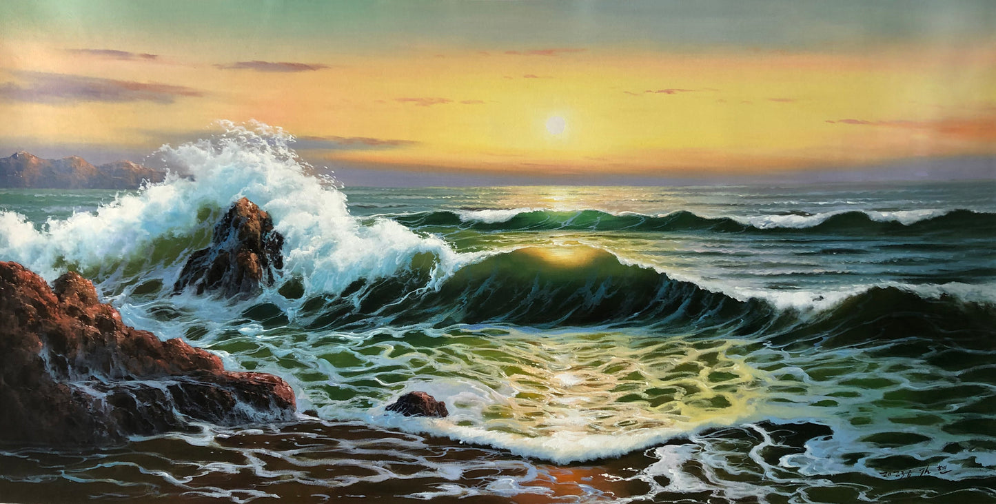 Original Oversized Oil Painting "Waves & Sunset Glow" by Honored Artist Kim Hyun – Collectible Hand-Painted Seascape Art G2502