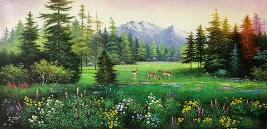 "Deer in the Enchanted Forest" – Original 1.6M Large-Scale Oil Painting by Master Zheng Yu G2505