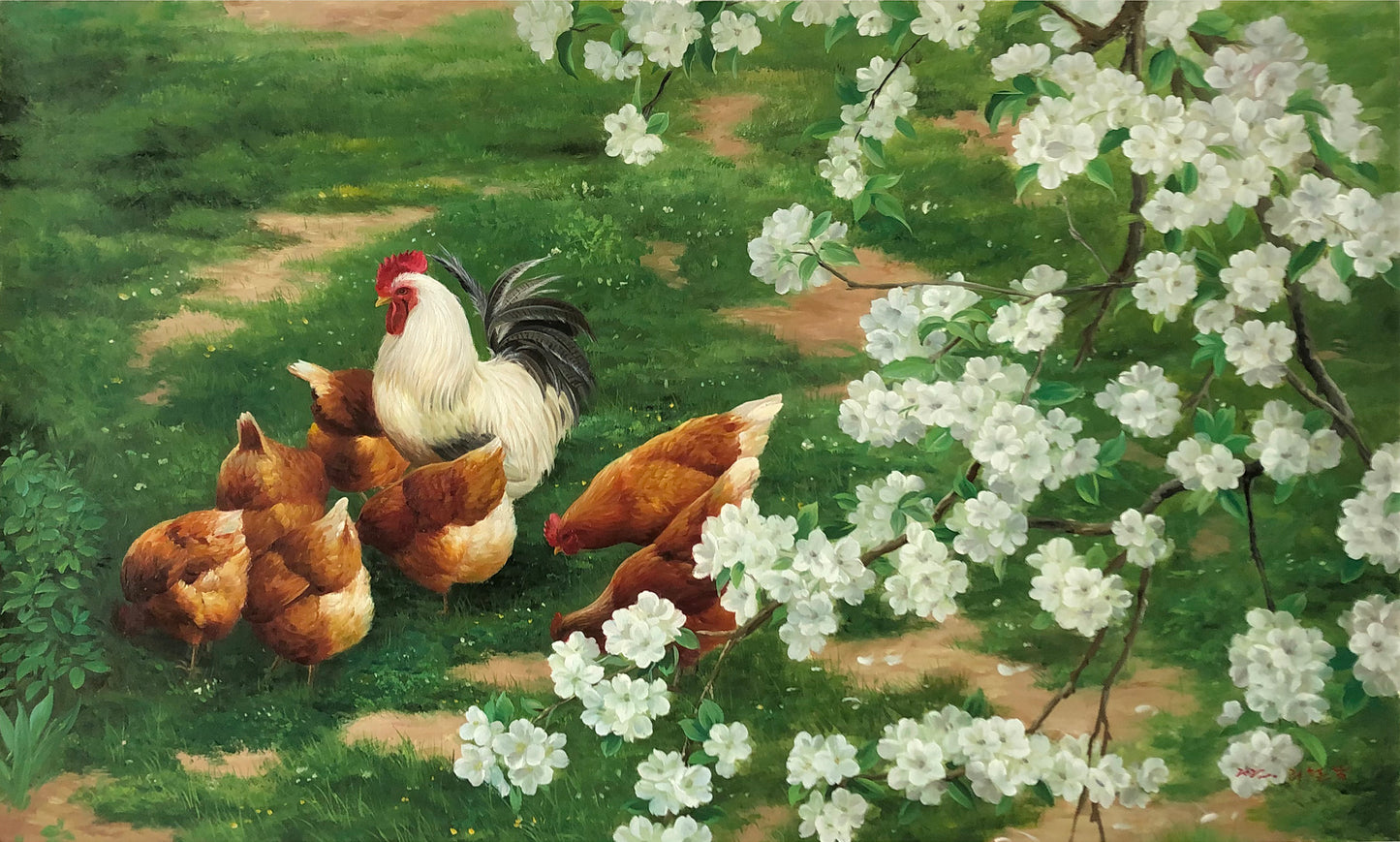 Original Oil Painting "Rooster & Hens" by First-Class Painter Ri Chol Nam – Collectible Hand-Painted Hyper-Realist Farm Animal Art G2524
