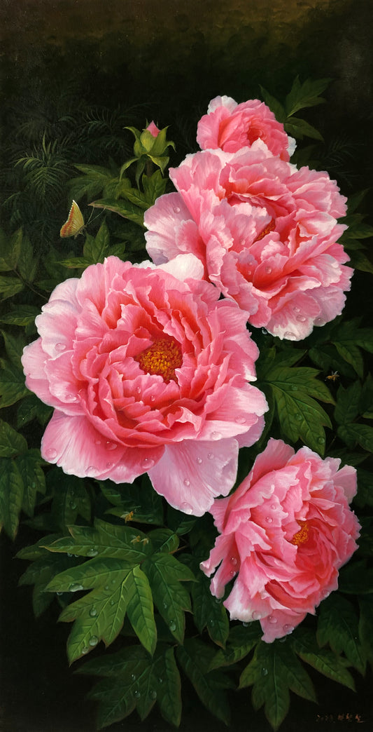 "Majestic Prosperity" – Original Hyper-Realistic Peony Oil Painting by Merited Artist Pak Hyon Chol G2566