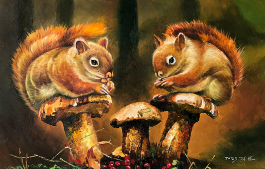 Original Oil Painting "Cute Squirrels" by First-Class Painter Kim Jun – Collectible Hand-Painted Wildlife Art G2581