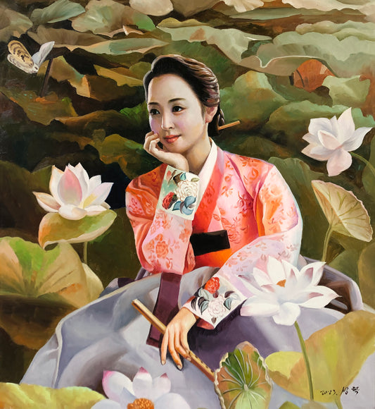 Original Oil Painting "Lotus Fairy" by First-Class Painter Yoon Sung Hak – Collectible Hand-Painted Hyper-Realist Portrait Art G2685