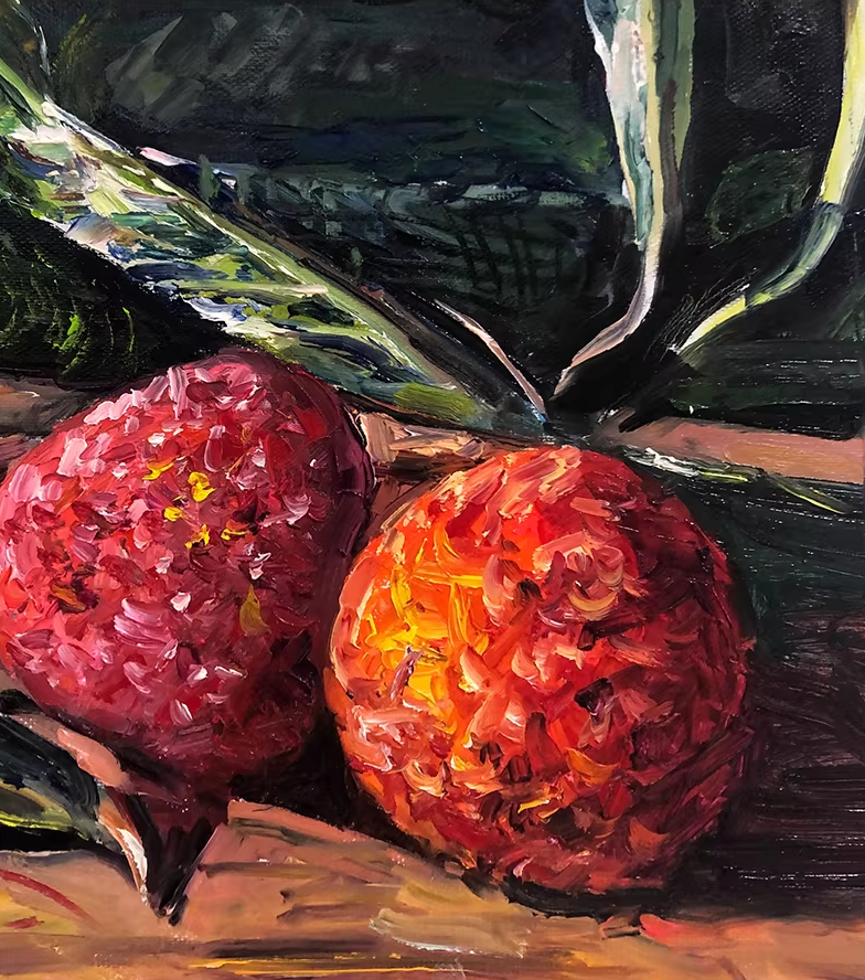 Original Oil Painting "Good Luck & Lychee" by Hong Mingri, First-Class Artist | Still Life Wall Art for Dining Room G2470
