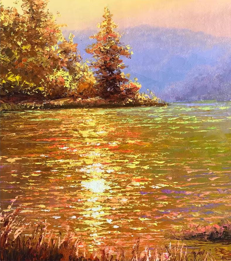 Original One-of-a-Kind Oil Painting "Golden Ripples on the Lake" by First-Class Artist Kim Cheol-jun | Premium Landscape Wall Art 13638