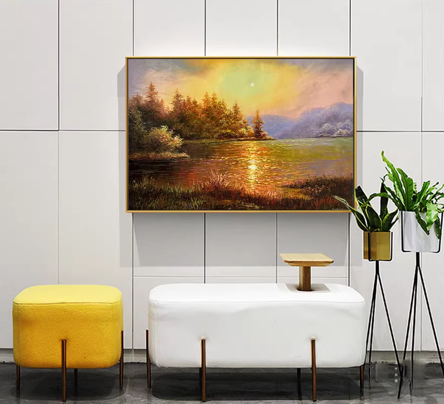 Original One-of-a-Kind Oil Painting "Golden Ripples on the Lake" by First-Class Artist Kim Cheol-jun | Premium Landscape Wall Art 13638