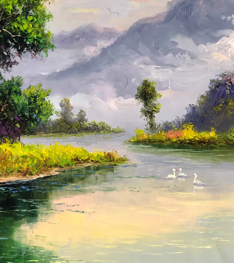 Original Oil Painting "Swan Lake" by First-Class Painter Kim Cheol-jun – Collectible Hand-Painted Landscape Art 12987