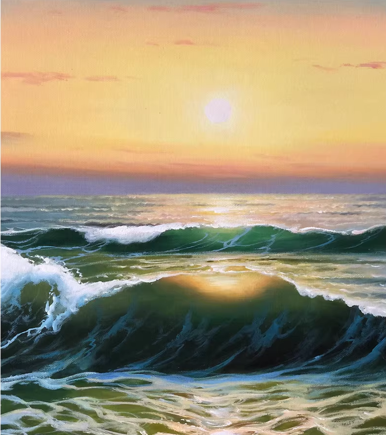 Original Oversized Oil Painting "Waves & Sunset Glow" by Honored Artist Kim Hyun – Collectible Hand-Painted Seascape Art G2502