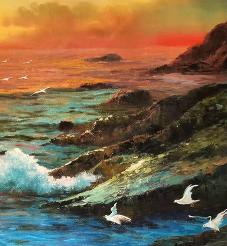 Original Oil Painting "Sunrise by the Sea" by Honored Artist Kim Hyun – Collectible Hand-Painted Seascape Art G2498