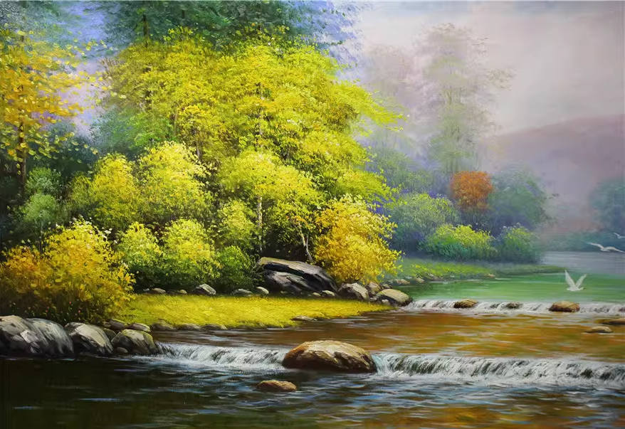 Original Oil Painting "Birds in the Forest" by First-Class Painter Guang Xiu – Collectible Hand-Painted Landscape Art 1312