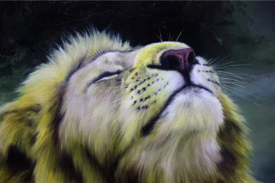 Original Oil Painting "Lion" by Honored Artist Kim Yong Chol – Collectible Hand-Painted Wildlife Art 7340