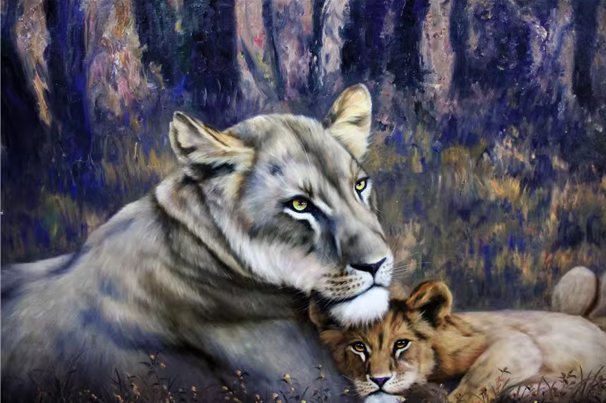Original Oil Painting "Lion Family" by Honored Artist Kim Yong Chol – Collectible Hand-Painted Wildlife Art 7506