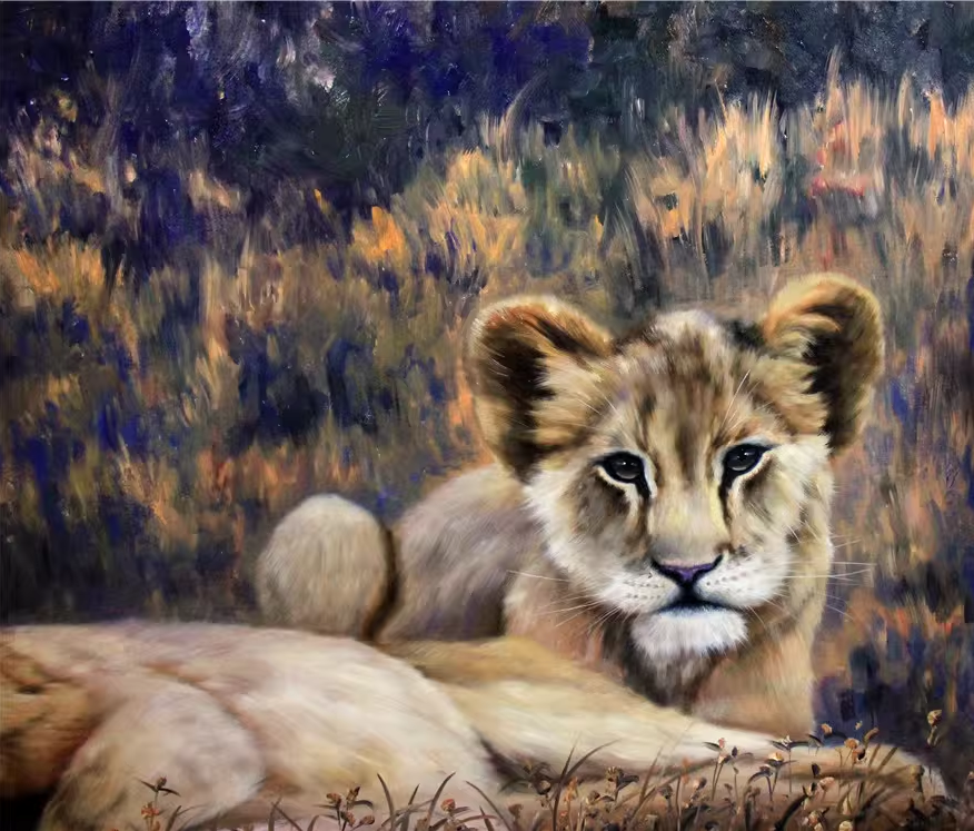 Original Oil Painting "Lion Family" by Honored Artist Kim Yong Chol – Collectible Hand-Painted Wildlife Art 7506
