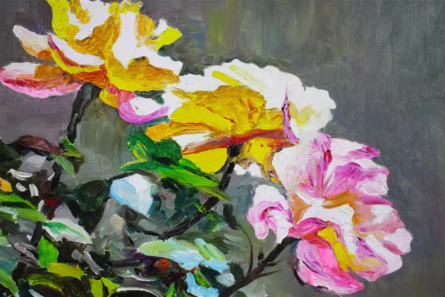 Original Oil Painting "Flowers" by DPRK First-Class Painter Li Sung Chol – Collectible Hand-Painted Floral Art 1095