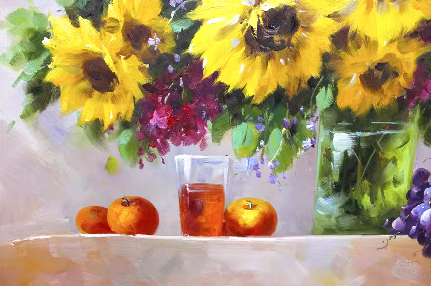 Original Oil Painting "Vase with Sunflowers" by DPRK First-Class Painter Fang Sunhee – Collectible Hand-Painted Still Life Art 1851
