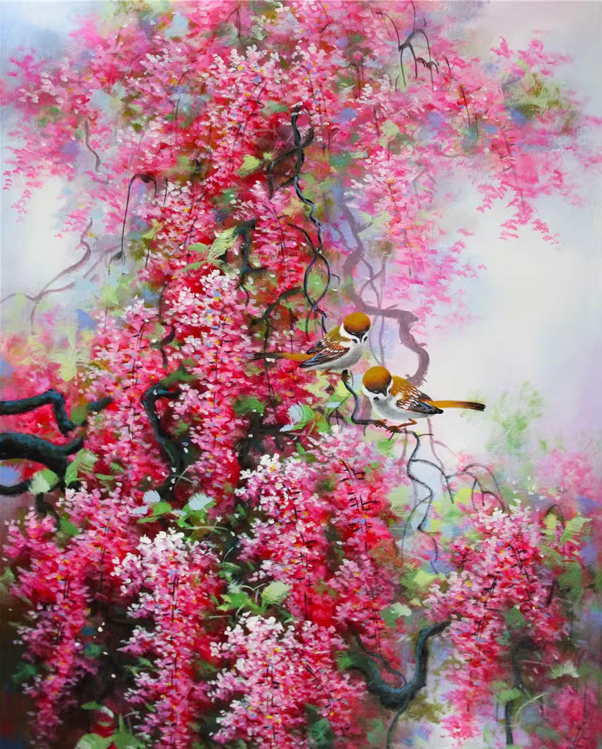 Original Oil Painting "Bougainvillea" by DPRK First-Class Painter Kim Nam – Collectible Hand-Painted Floral Art 1237