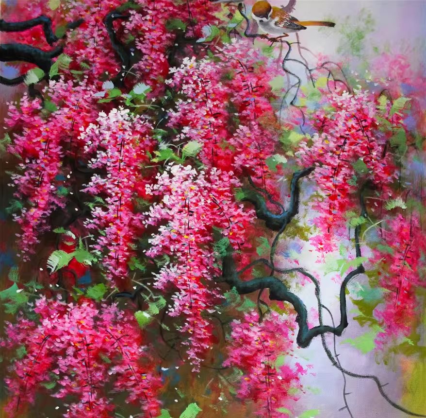 Original Oil Painting "Bougainvillea" by DPRK First-Class Painter Kim Nam – Collectible Hand-Painted Floral Art 1237