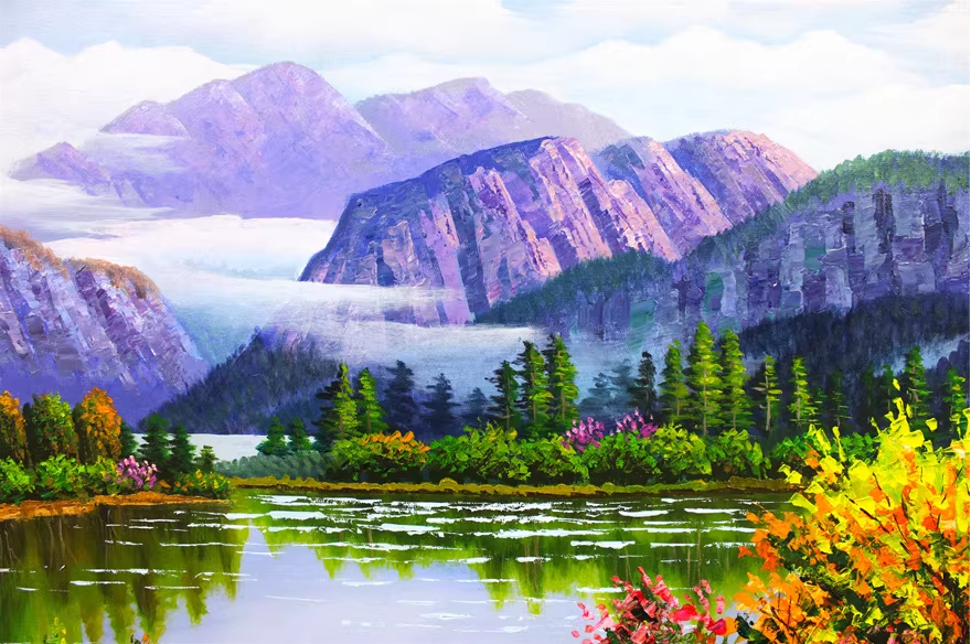 Original Oil Painting "Picturesque Mountains and Clear Waters" by DPRK First-Class Painter Kim Jong Soo – Collectible Hand-Painted Landscape Art 8071