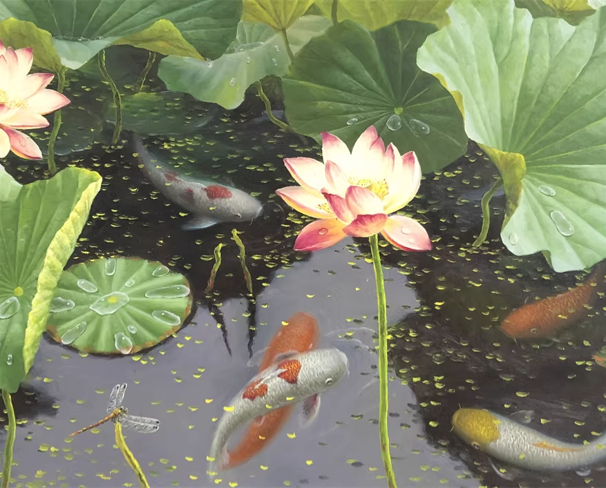 Original Oil Painting "Lotus Pond" by First-Class Painter Kang Nam Chol – Collectible Hand-Painted Still Life & Nature Art 12729