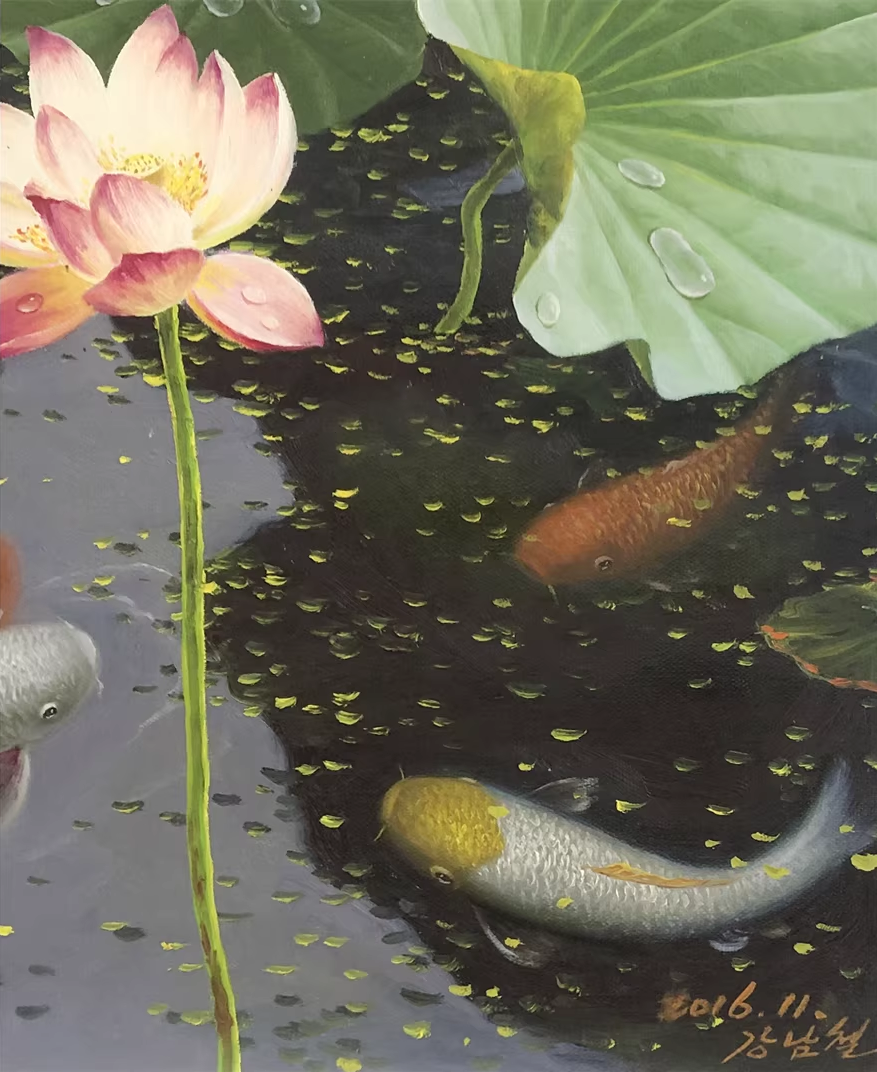 Original Oil Painting "Lotus Pond" by First-Class Painter Kang Nam Chol – Collectible Hand-Painted Still Life & Nature Art 12729