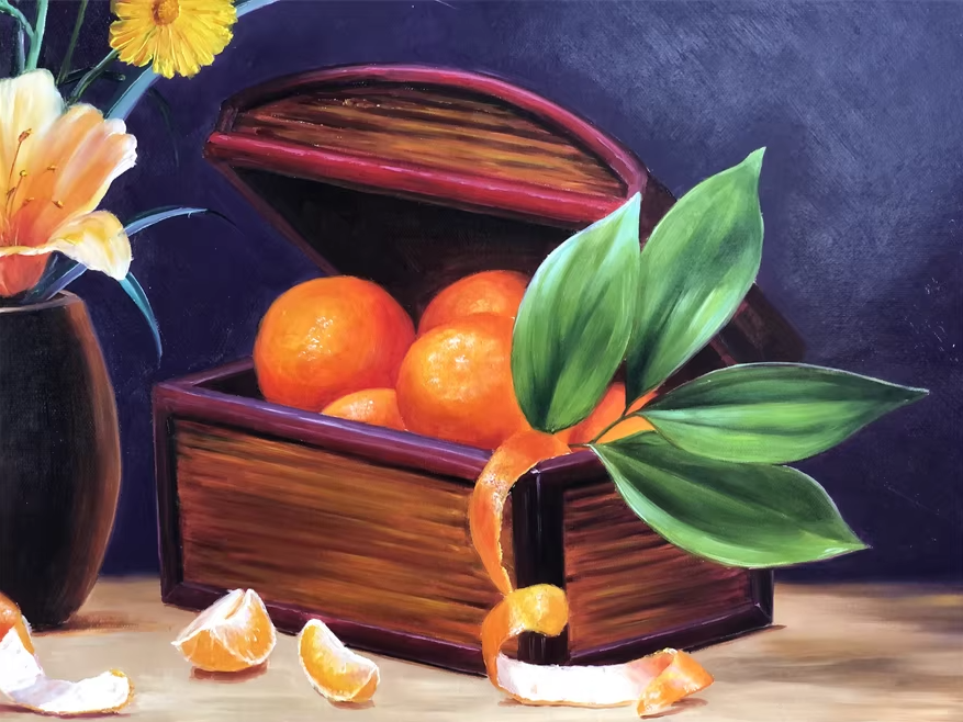 Original Oil Painting "Still Life with Flowers and Tangerines" by Honored Artist Kim Yong Chol – Collectible Hand-Painted Still Life Art 13671