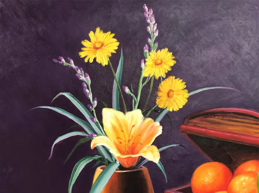 Original Oil Painting "Still Life with Flowers and Tangerines" by Honored Artist Kim Yong Chol – Collectible Hand-Painted Still Life Art 13671
