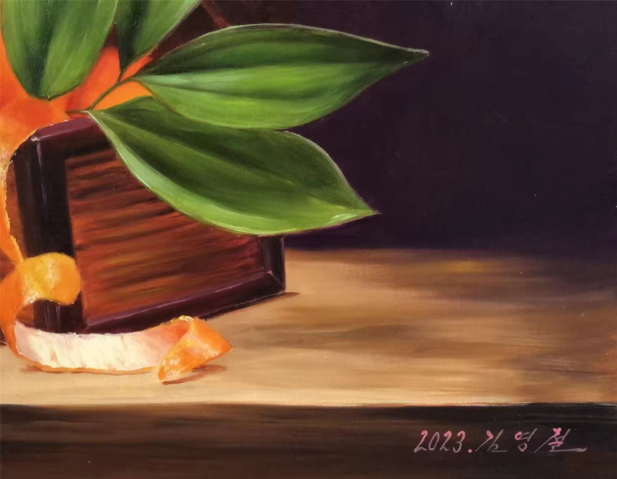 Original Oil Painting "Still Life with Flowers and Tangerines" by Honored Artist Kim Yong Chol – Collectible Hand-Painted Still Life Art 13671