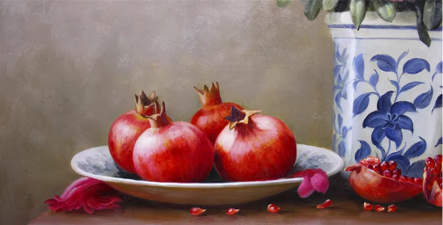 Original Oil Painting "Azaleas and Pomegranates" by DPRK First-Class Painter Kim Kyung Mi – Collectible Hand-Painted Still Life Art 1887