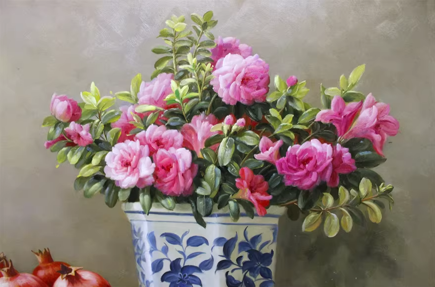 Original Oil Painting "Azaleas and Pomegranates" by DPRK First-Class Painter Kim Kyung Mi – Collectible Hand-Painted Still Life Art 1887