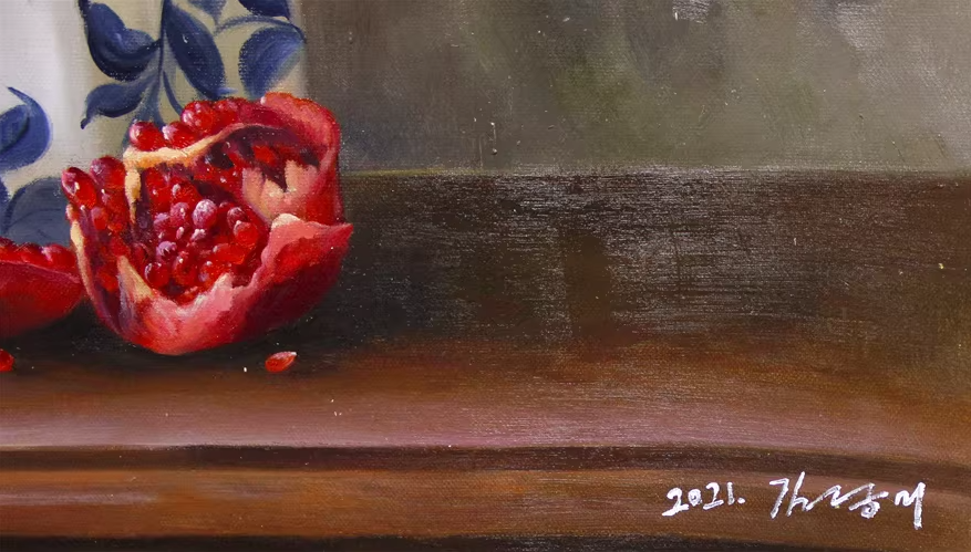 Original Oil Painting "Azaleas and Pomegranates" by DPRK First-Class Painter Kim Kyung Mi – Collectible Hand-Painted Still Life Art 1887