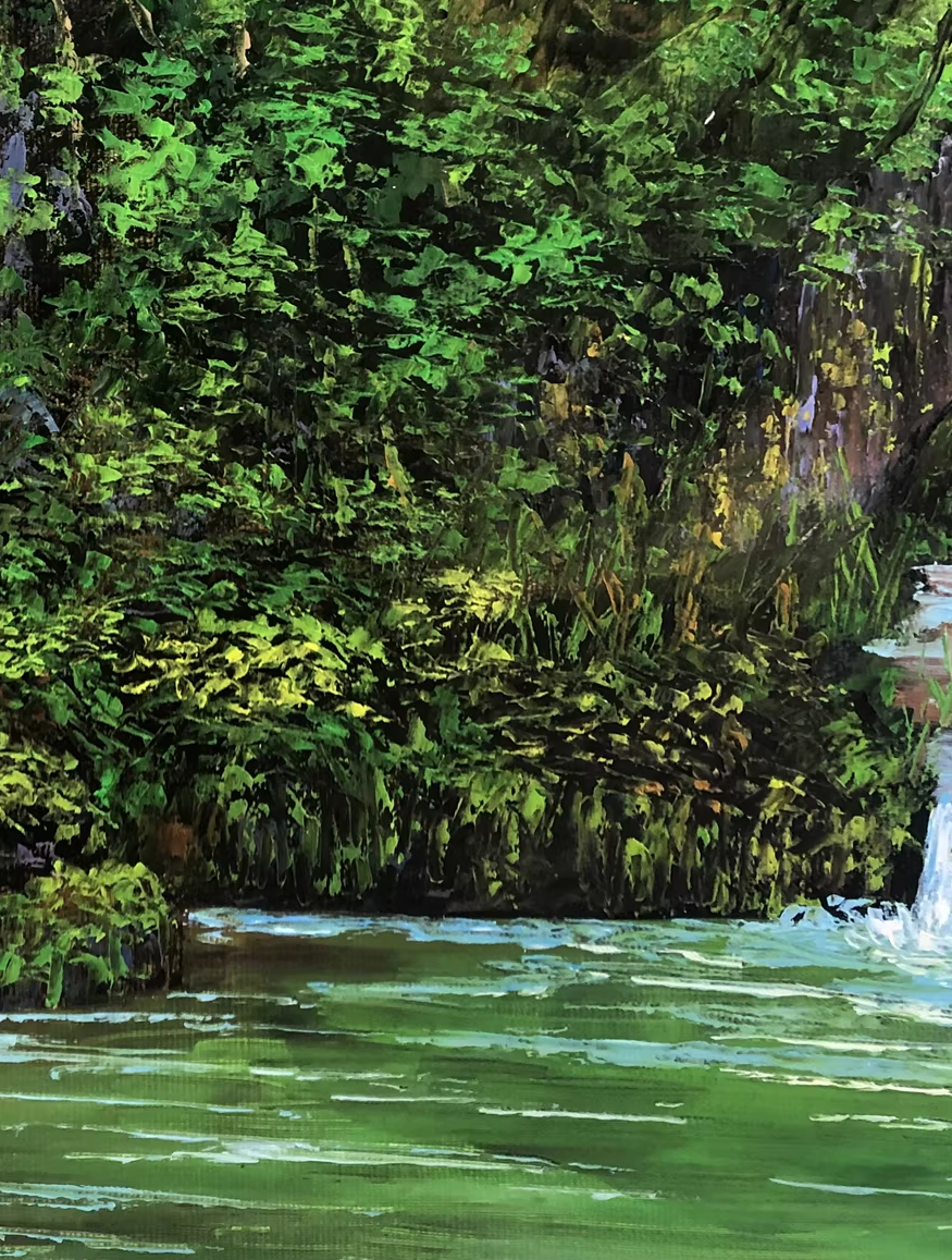 Original Oil Painting "Green Mountains and Clear Waters" by DPRK First-Class Artist Kim Jong Soo – Collectible Hand-Painted Landscape Art G2460