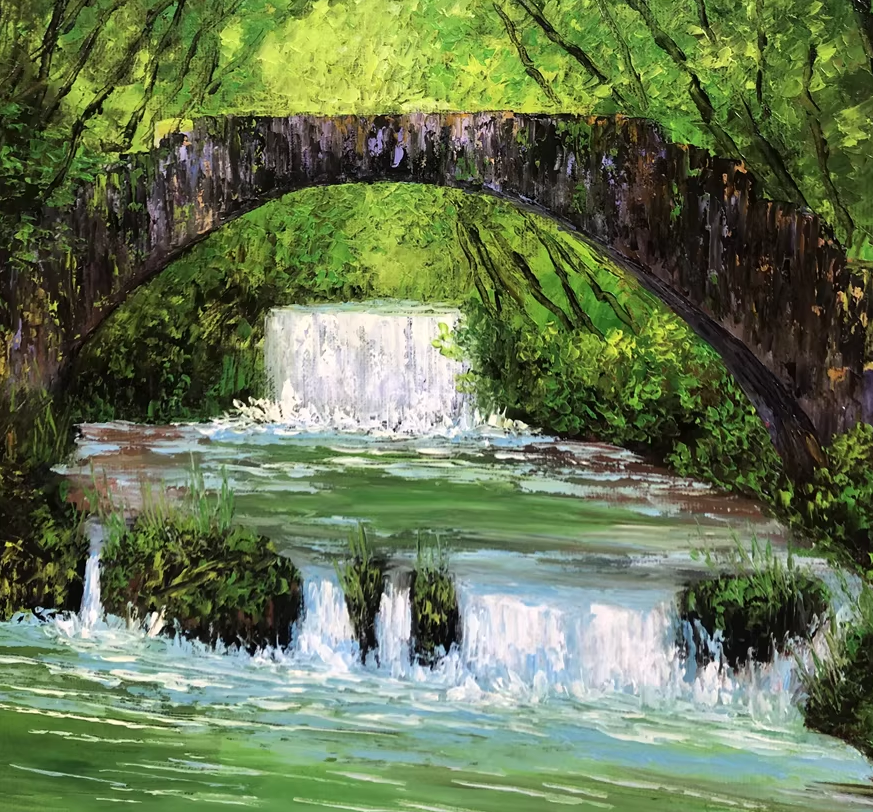 Original Oil Painting "Green Mountains and Clear Waters" by DPRK First-Class Artist Kim Jong Soo – Collectible Hand-Painted Landscape Art G2460
