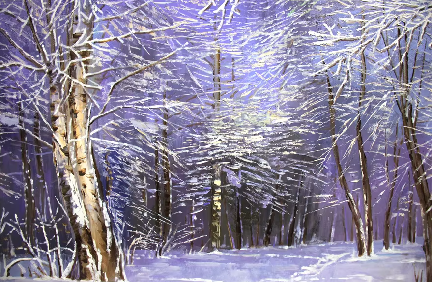 Original Oil Painting "Snowy Birch Grove in Winter" by DPRK First-Class Painter Park Il – Collectible Hand-Painted Winter Landscape Art 7611